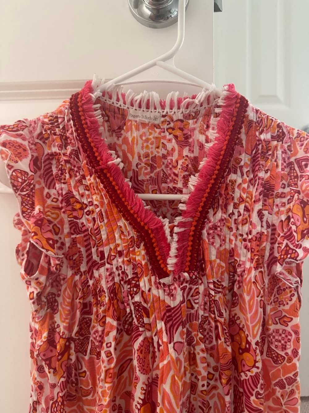 Poupette St. Barth Pink and Orange Printed Ruffle Top
